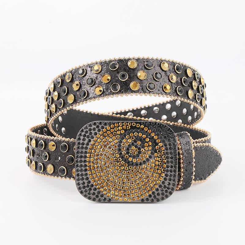 Women's Gold & Black Rhinestone Shiny Rivets Leather Belt