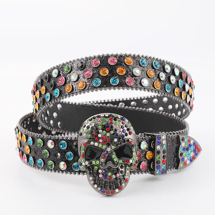 Multicolored Skull Head Rhinestone Glitter Rivets Leather Belt