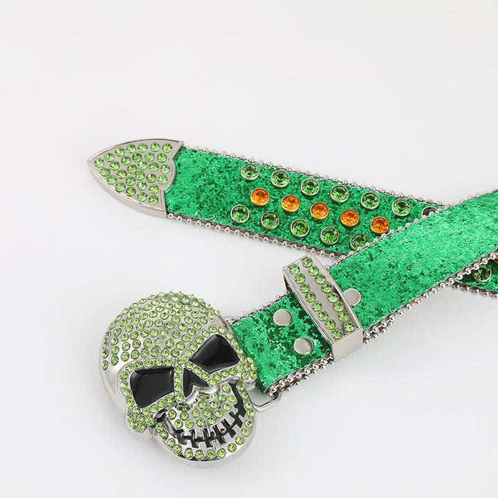 Multicolored Skull Head Rhinestone Glitter Rivets Leather Belt