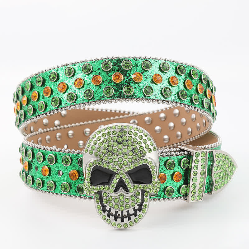 Multicolored Skull Head Rhinestone Glitter Rivets Leather Belt