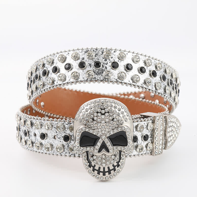 Multicolored Skull Head Rhinestone Glitter Rivets Leather Belt