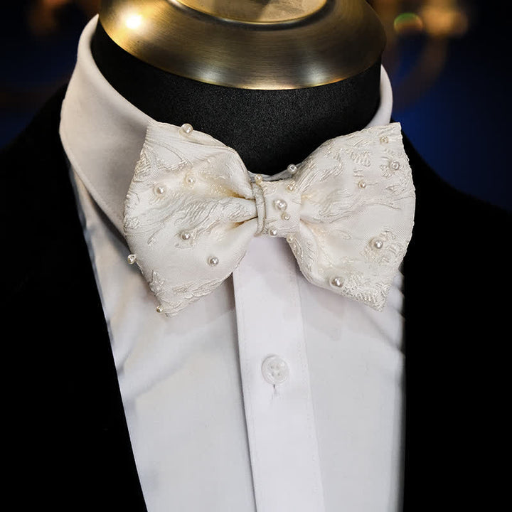 Men's Ivory Hand-Stitched Bead Floral Jacquard Bow Tie