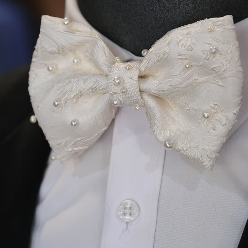 Men's Ivory Hand-Stitched Bead Floral Jacquard Bow Tie