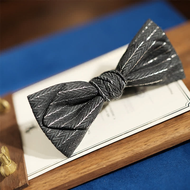 Men's Dark Gray Striped Herringbone Pattern Bow Tie