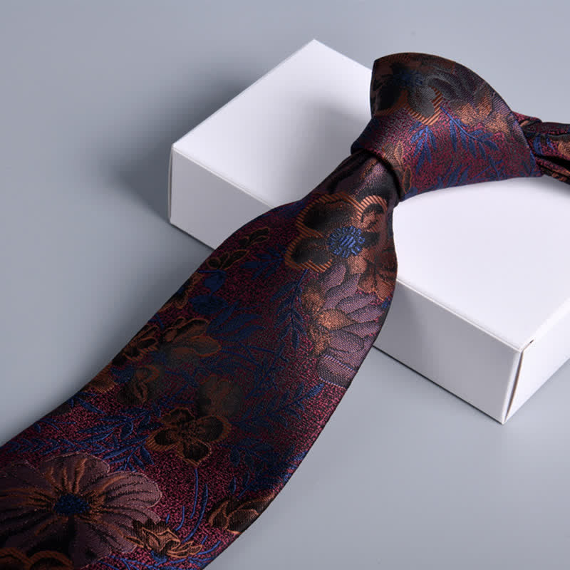 Men's Quiet Burgundy & Navy Flower Leaves Necktie