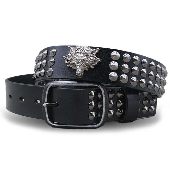 Wolf Head Rivets Three Rows Studded Leather Belt