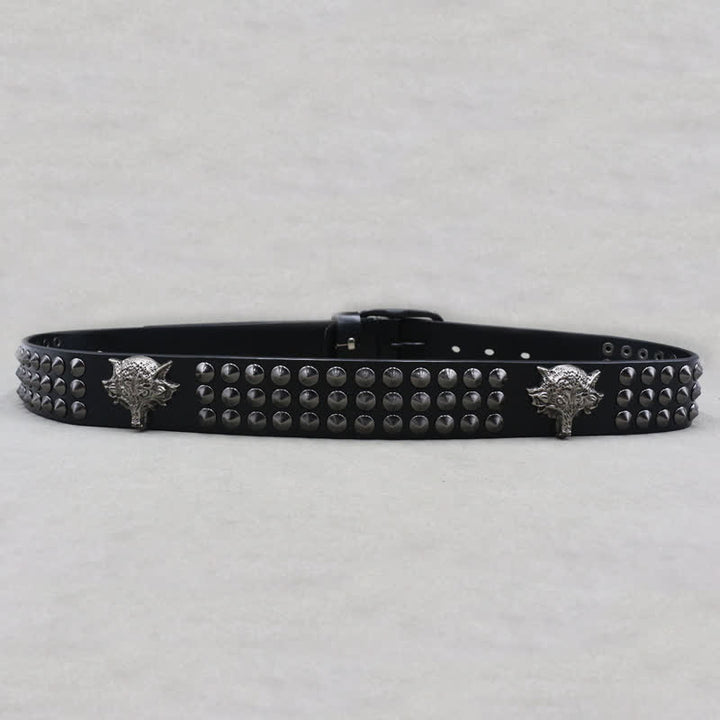 Wolf Head Rivets Three Rows Studded Leather Belt