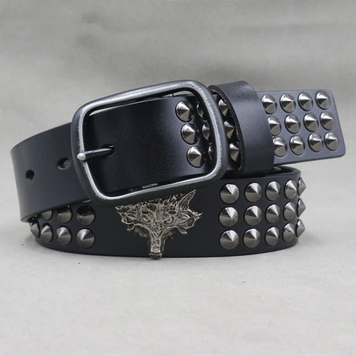 Wolf Head Rivets Three Rows Studded Leather Belt