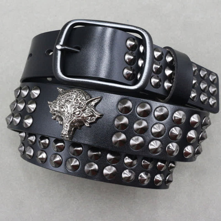 Wolf Head Rivets Three Rows Studded Leather Belt