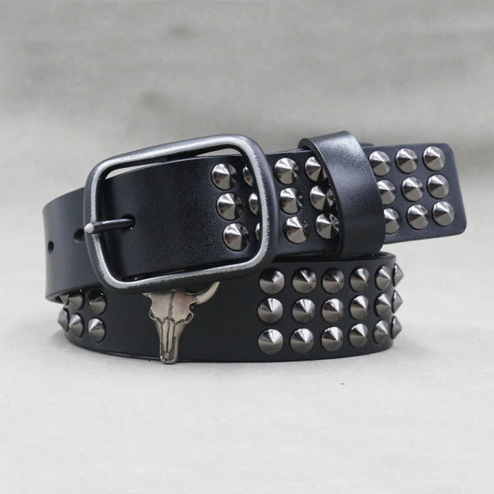 Western Bull Head Rivets Three Rows Studded Leather Belt