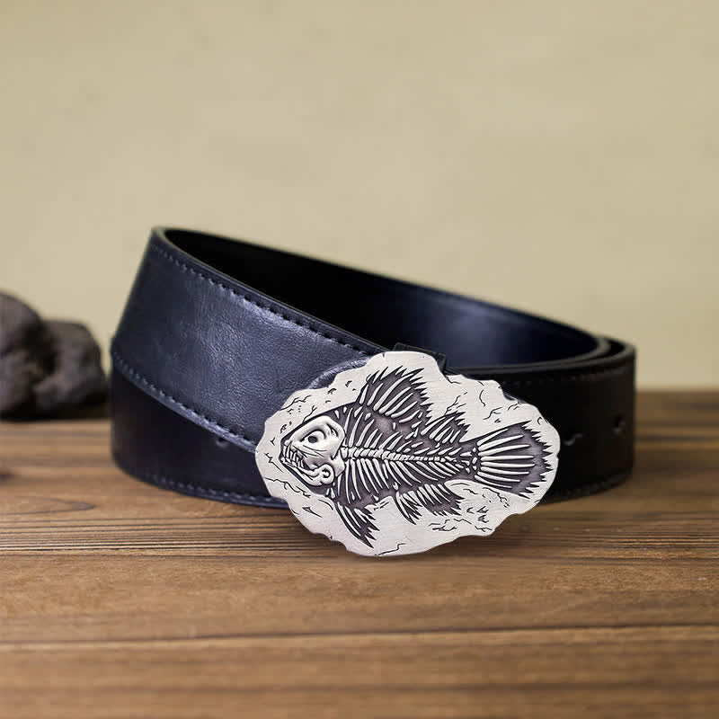 Men's DIY Fish Fossil Buckle Leather Belt