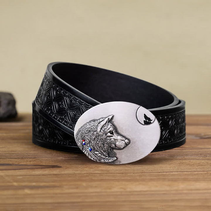 Men's DIY Indian Wolf Buckle Leather Belt