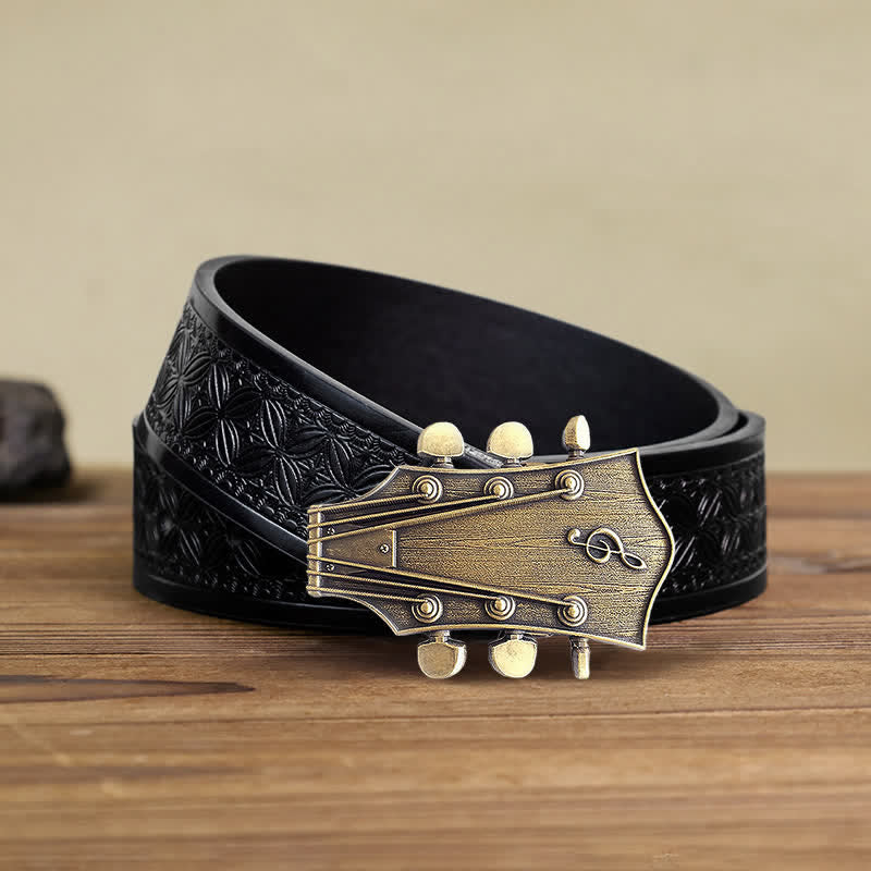 Men's DIY Bronze Guitar Music Buckle Leather Belt