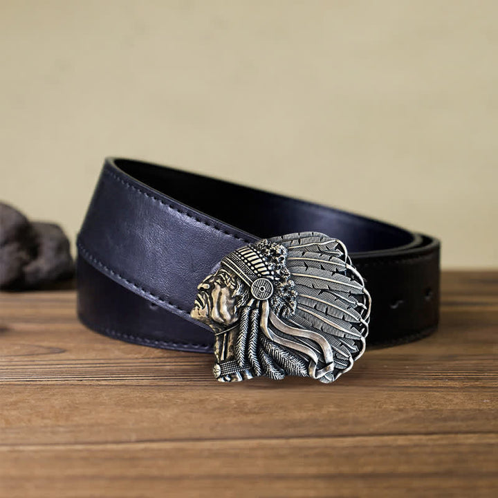 Men's DIY Native Chief Head Buckle Leather Belt