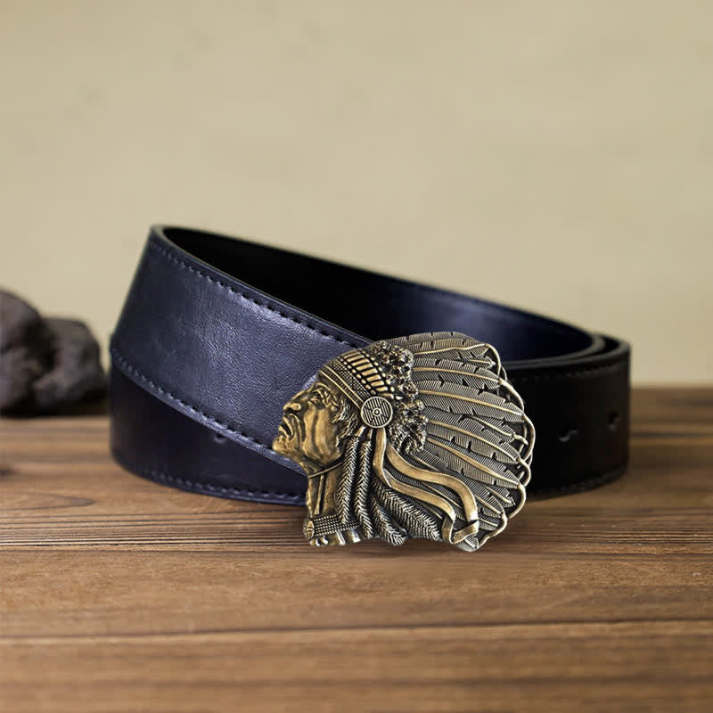 Men's DIY Native Chief Head Buckle Leather Belt