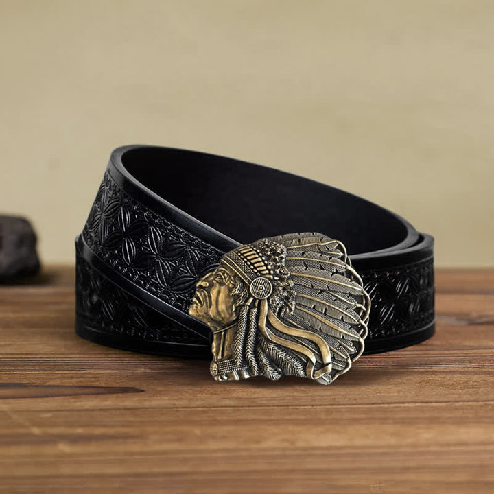 Men's DIY Native Chief Head Buckle Leather Belt