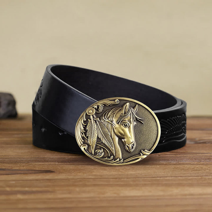 Men's DIY Bronze Horse Buckle Leather Belt