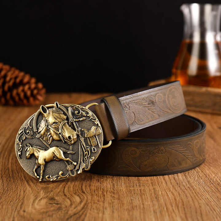 Oval Horse Head Pattern Style Leather Belt