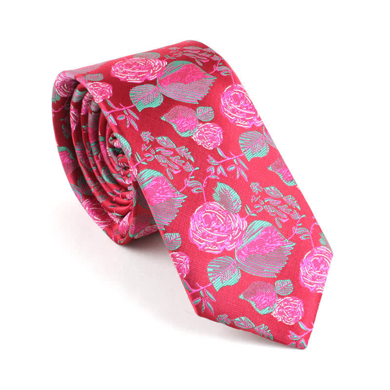Men's Wedding Party Leisure Suit Skinny Floral Necktie - Red - image 4