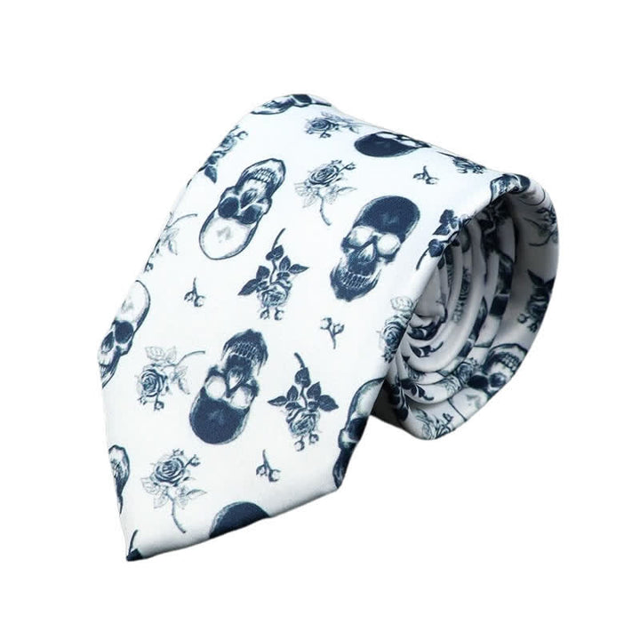 Men's White Base Rose Skull Printed Necktie - White - image 0