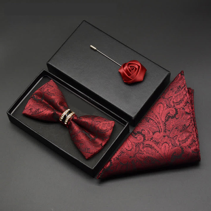 3Pcs Men's Burgundy Paisley Gold Decor Bow Tie Set