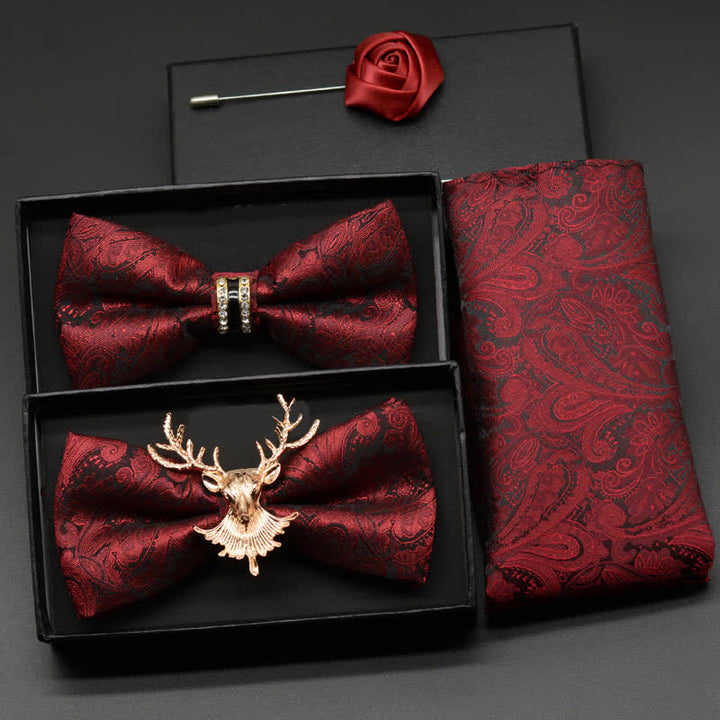 3Pcs Men's Burgundy Paisley Gold Decor Bow Tie Set