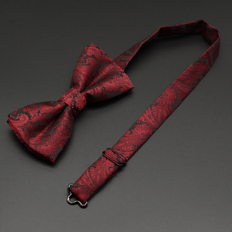 3Pcs Men's Burgundy Paisley Gold Decor Bow Tie Set