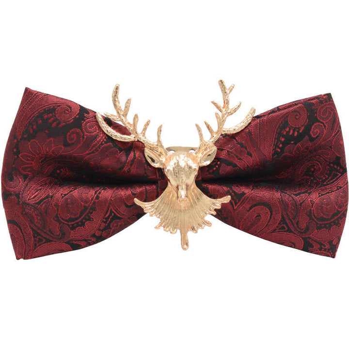 3Pcs Men's Burgundy Paisley Gold Decor Bow Tie Set