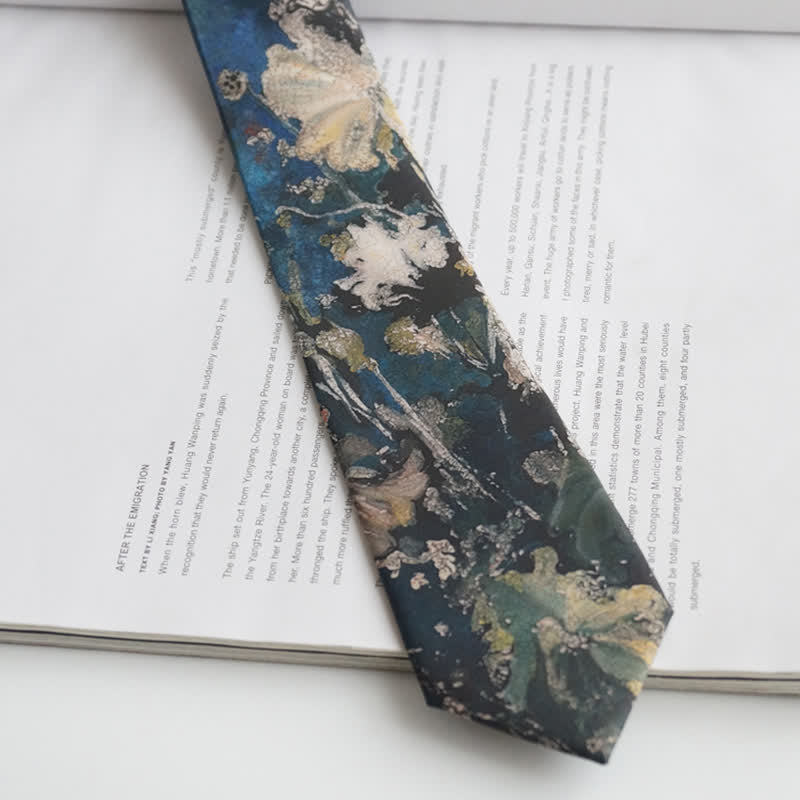 Men's Blue & Green Oil Painting Lotus Leaf Necktie