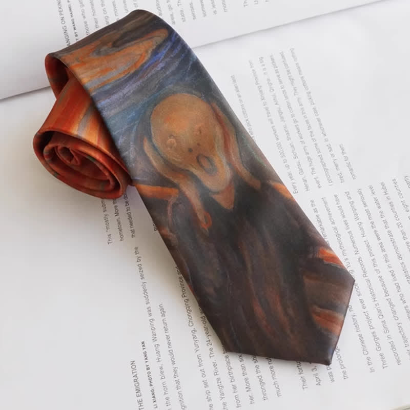 Men's Rust Red The Scream Oil Painting Necktie