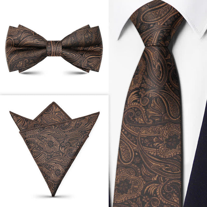 3Pcs Men's Brown Series Paisley BowTie Necktie Set