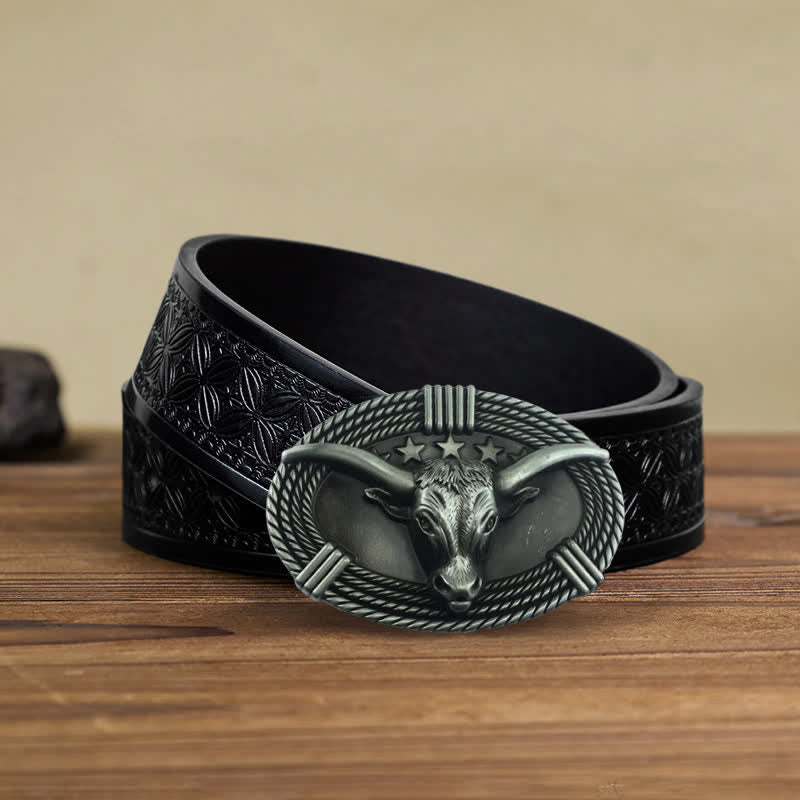 Men's DIY Retro Five Stars Bull Head Buckle Leather Belt