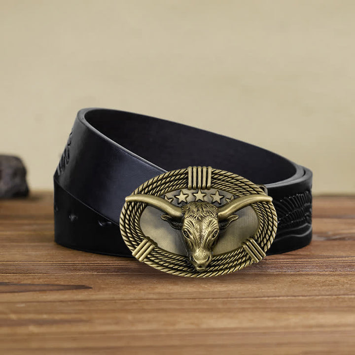 Men's DIY Retro Five Stars Bull Head Buckle Leather Belt