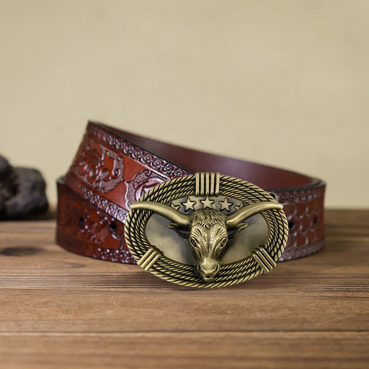 Men's DIY Retro Five Stars Bull Head Buckle Leather Belt