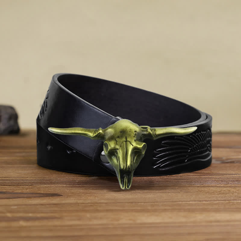 Men's DIY Cool Western Longhorn Bull Buckle Leather Belt