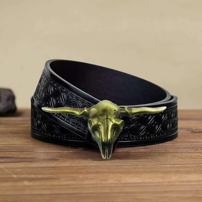 Men's DIY Cool Western Longhorn Bull Buckle Leather Belt