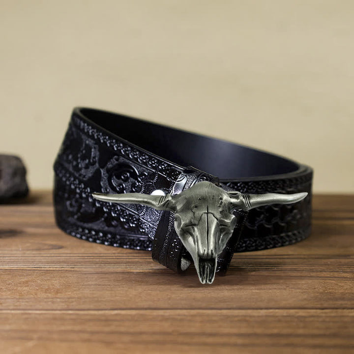 Men's DIY Cool Western Longhorn Bull Buckle Leather Belt