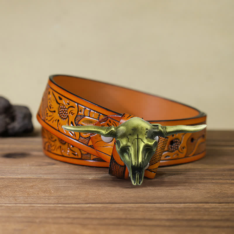 Men's DIY Cool Western Longhorn Bull Buckle Leather Belt