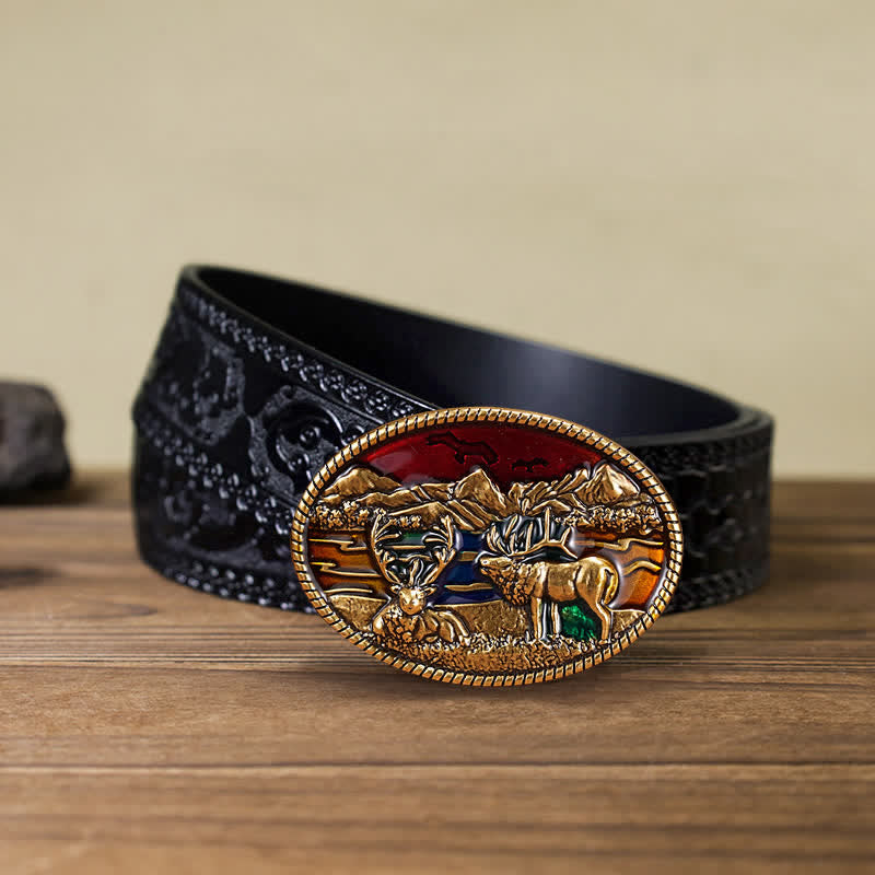 Men's DIY Enamel Wild Deer Buckle Leather Belt