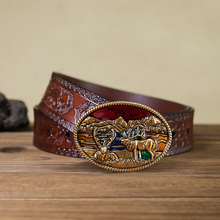 Men's DIY Enamel Wild Deer Buckle Leather Belt