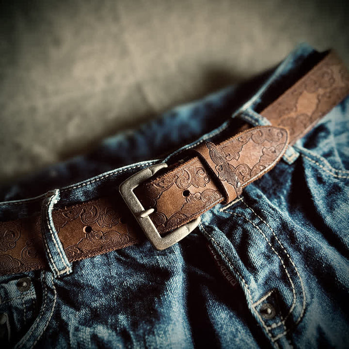 Delicate Vintage Floral Embossed Leather Belt