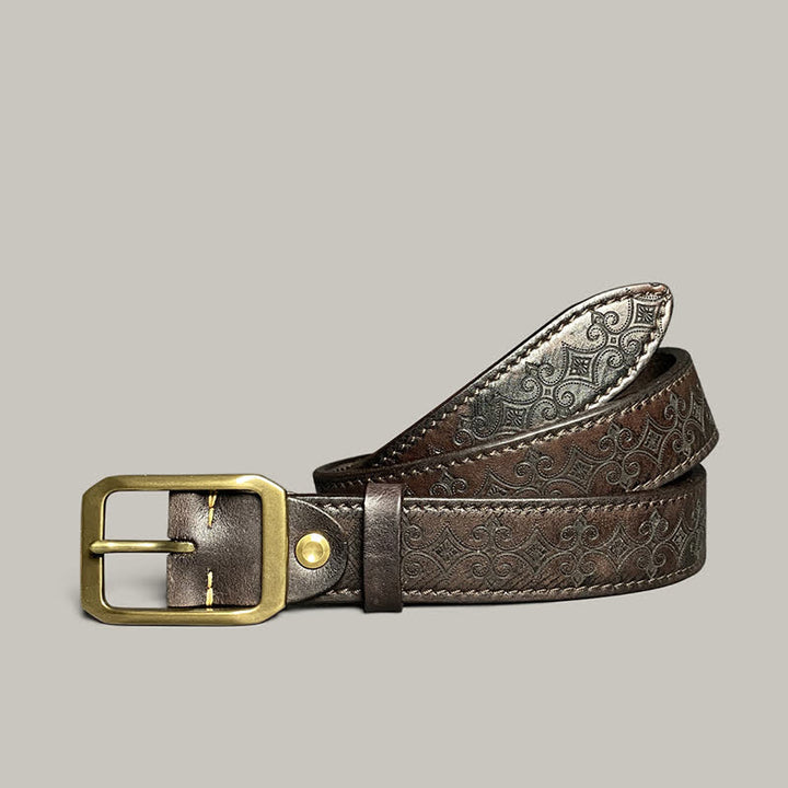 Stamped Carving Strap Brass Buckle Leather Belt