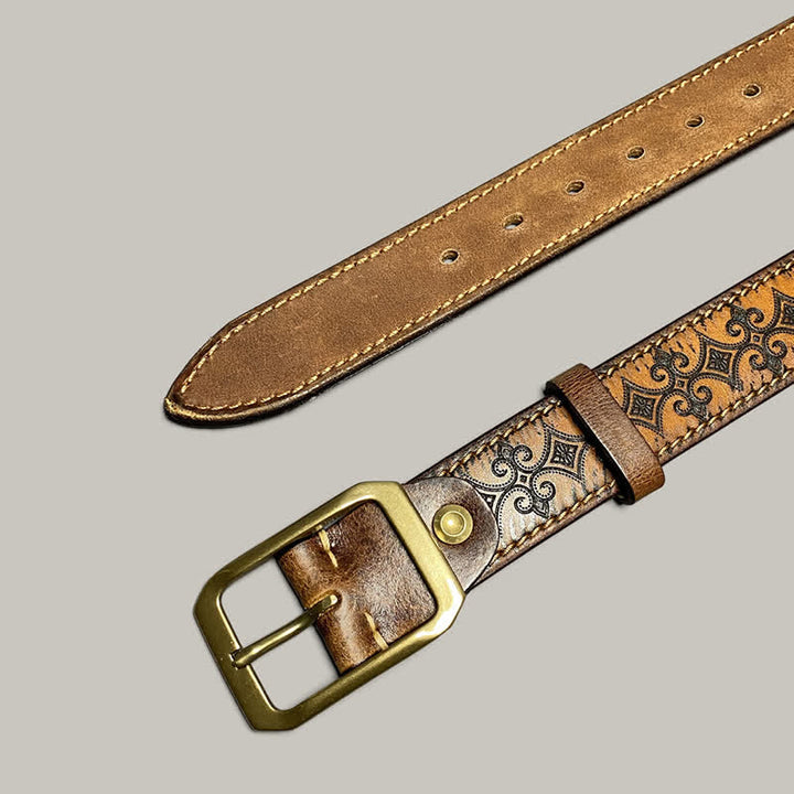 Stamped Carving Strap Brass Buckle Leather Belt