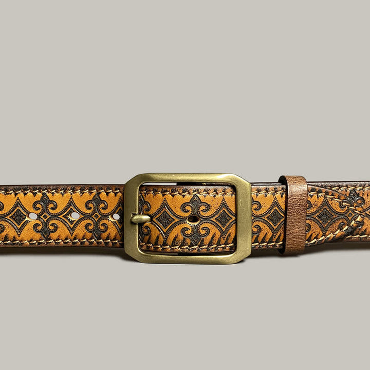 Stamped Carving Strap Brass Buckle Leather Belt