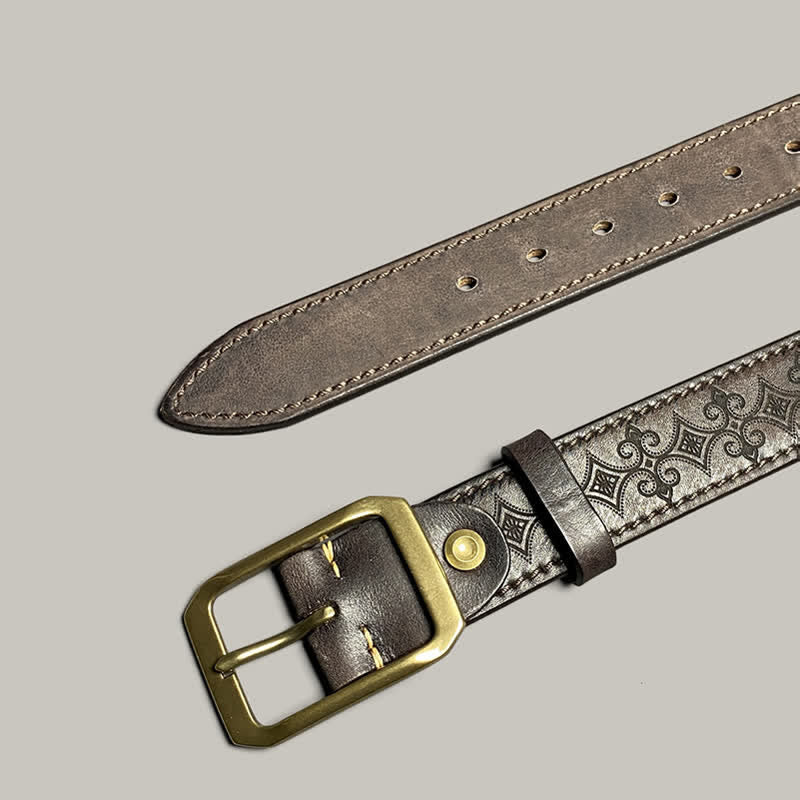 Stamped Carving Strap Brass Buckle Leather Belt