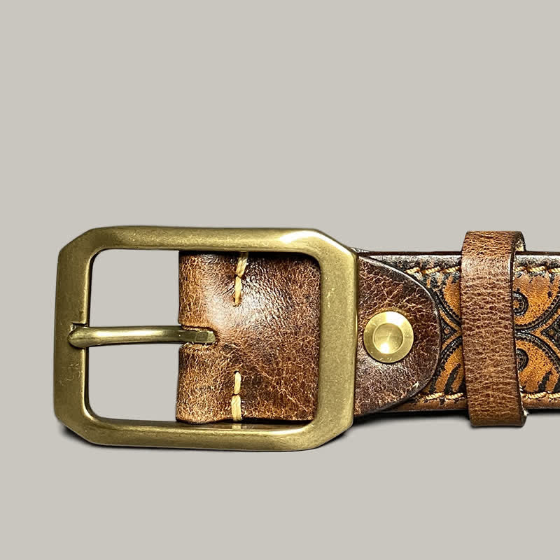 Stamped Carving Strap Brass Buckle Leather Belt