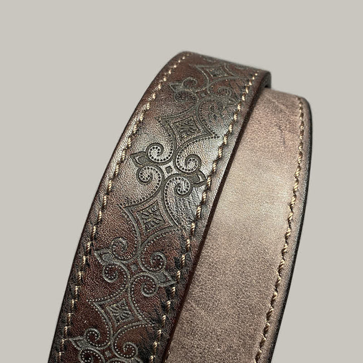 Stamped Carving Strap Brass Buckle Leather Belt