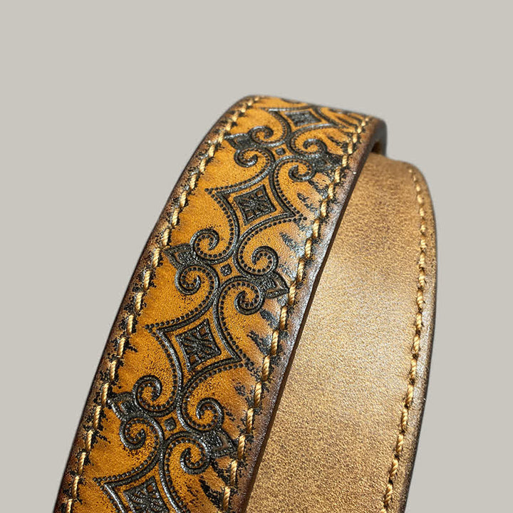 Stamped Carving Strap Brass Buckle Leather Belt