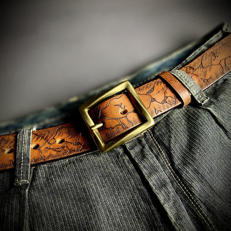 Distressed Cracked Embossed Pattern Strap Leather Belt