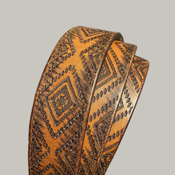 Antique Mayan Diamond Carved Printed Leather Belt